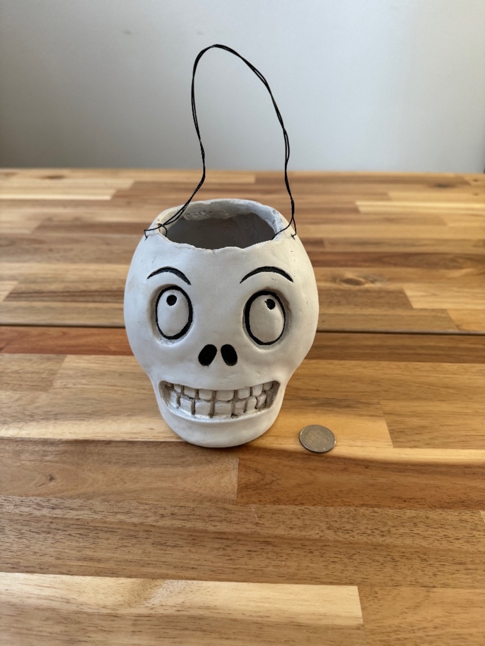 Vintage-style skull bucket/candy pail, resin with wire handle